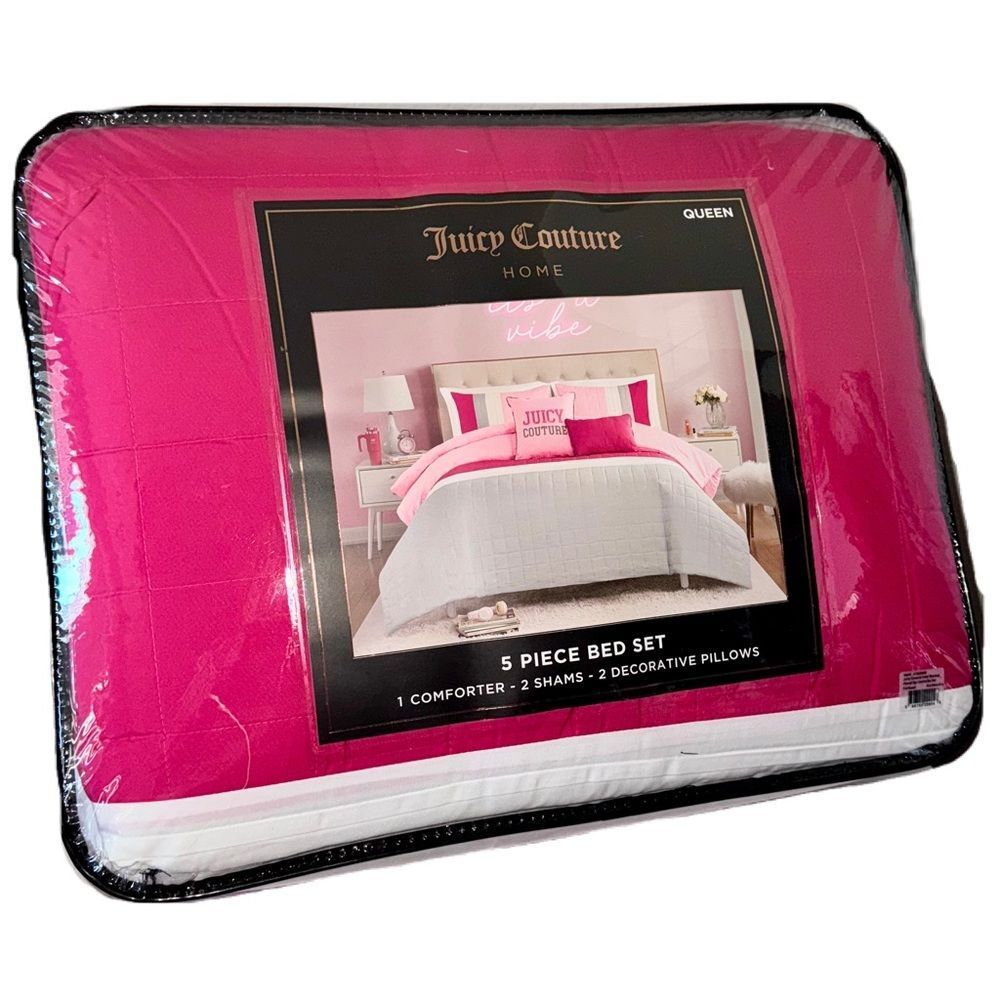 **SOLD** Juicy Couture Home 5PC Pink Gray Color Block Striped Comforter Bed Set - Picture 2 of 16
